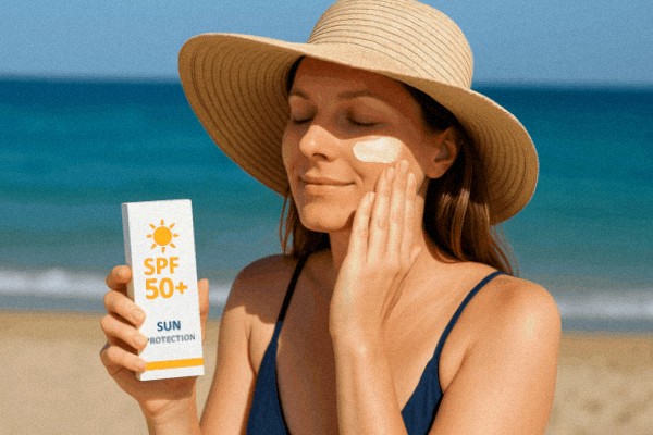 Žena so starostlivosťou o pleť pri mori, ktorá si natiera pleť opaľovacím krémom SPF 50+ na pláži s klobúkom a modrým morom v pozadí
